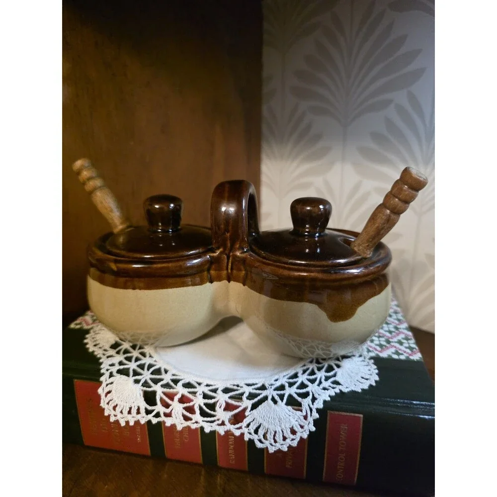Stoneware Pottery Double Condiment Jam & Jelly Server Brown Vintage with spoons